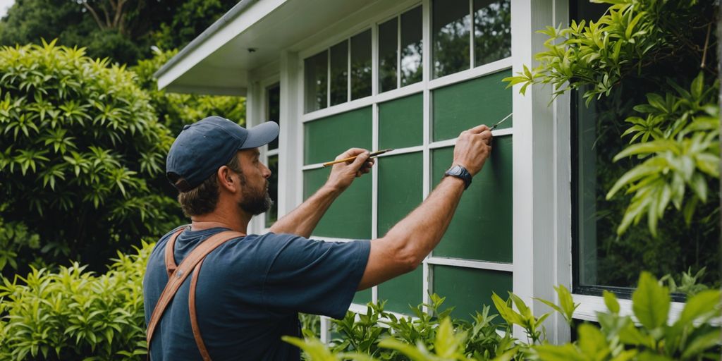 Painter working on a house exterior in Taranaki, New Plymouth with lush green surroundings.